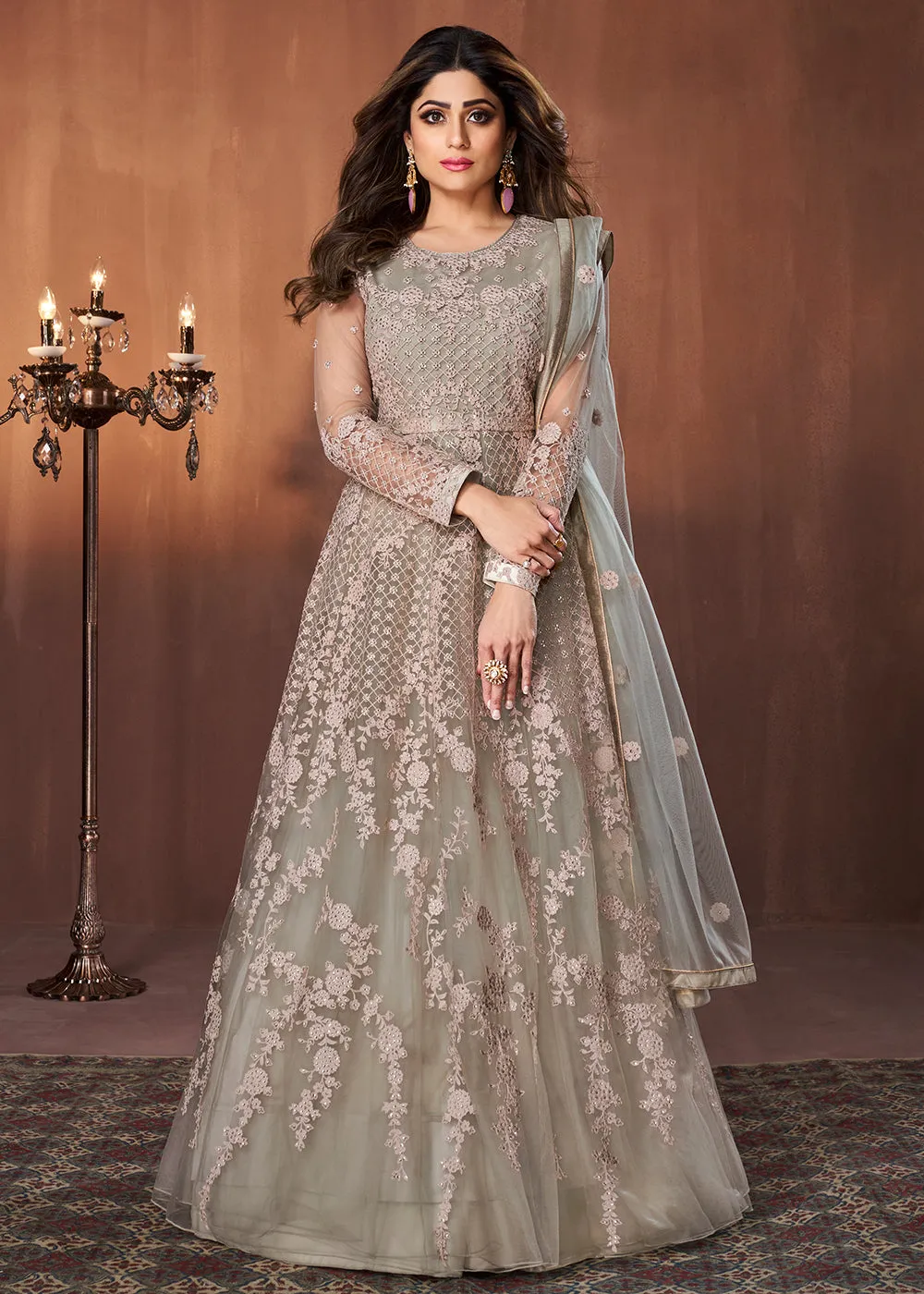 Beige All Over Embroidered Shamita Shetty Gown