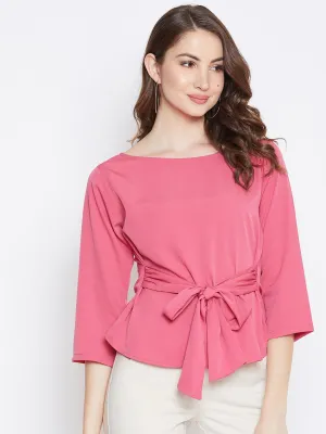 Berrylush Women Solid Pink Boat Neck Three-Quarter Sleeve Waist Tie-Up Top