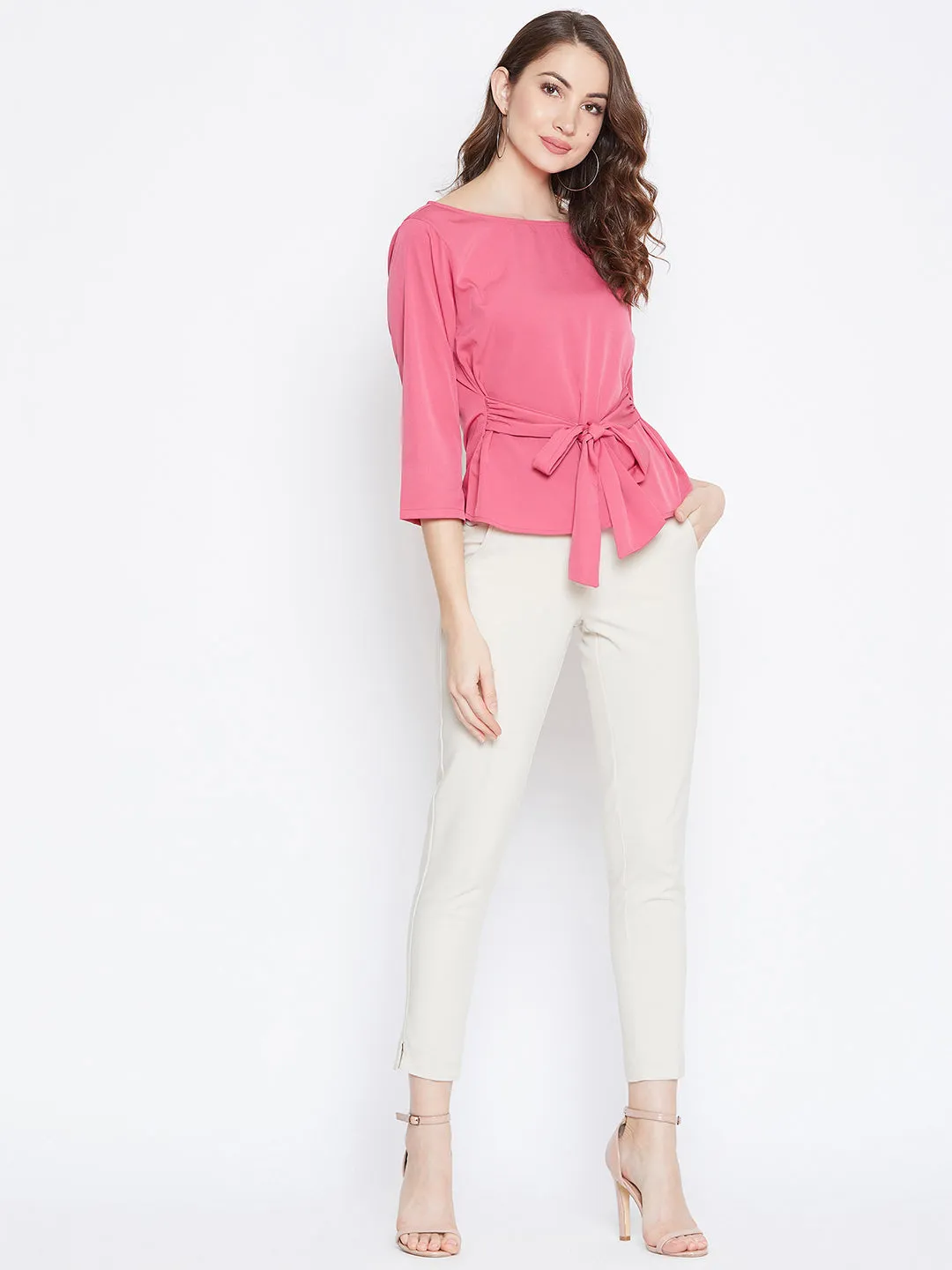 Berrylush Women Solid Pink Boat Neck Three-Quarter Sleeve Waist Tie-Up Top