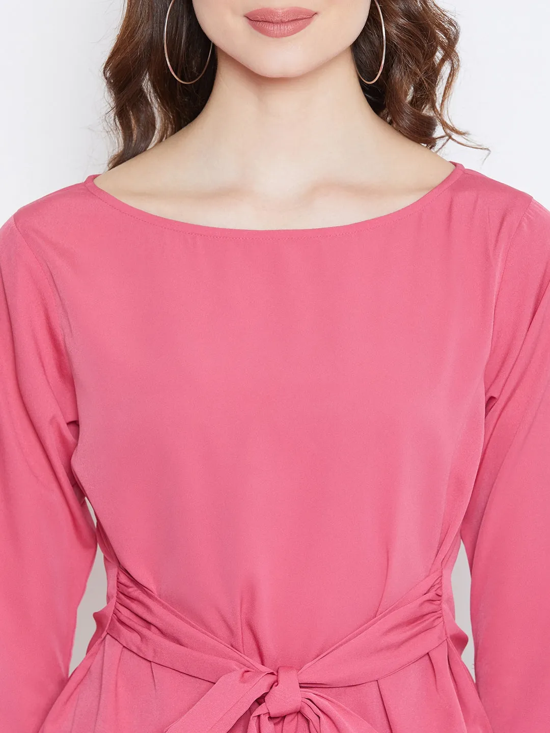 Berrylush Women Solid Pink Boat Neck Three-Quarter Sleeve Waist Tie-Up Top