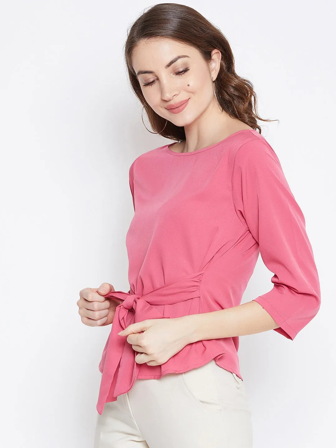 Berrylush Women Solid Pink Boat Neck Three-Quarter Sleeve Waist Tie-Up Top