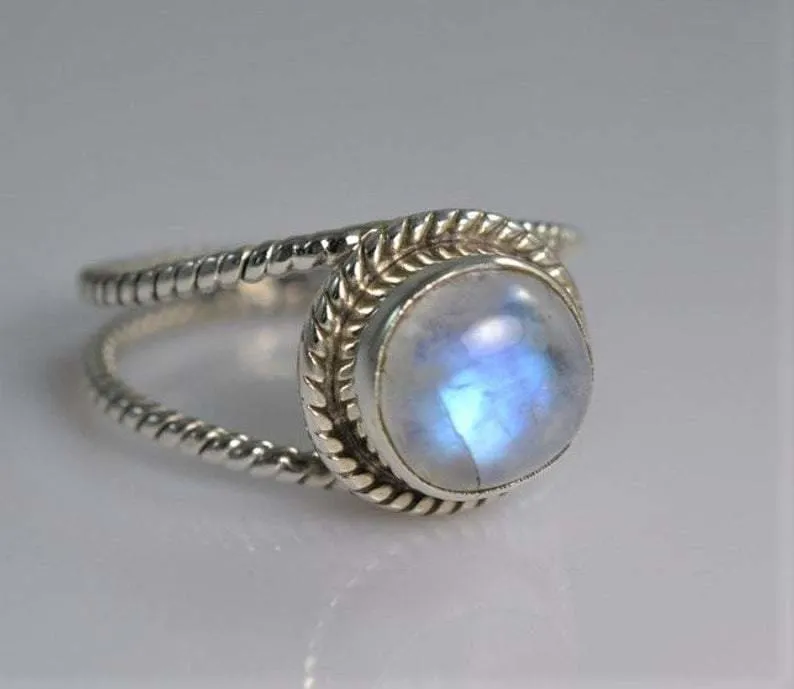 Blue Fire Natural Rainbow Moonstone Ring-Handmade Silver Ring-925 Sterling Silver-Gift for her-Promise Ring-Anniversary Ring