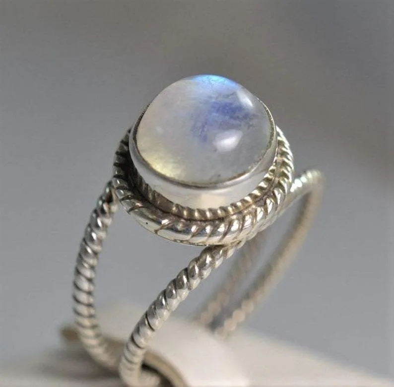 Blue Fire Natural Rainbow Moonstone Ring-Handmade Silver Ring-925 Sterling Silver-Gift for her-Promise Ring-Anniversary Ring