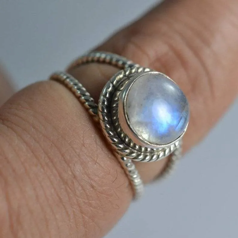 Blue Fire Natural Rainbow Moonstone Ring-Handmade Silver Ring-925 Sterling Silver-Gift for her-Promise Ring-Anniversary Ring