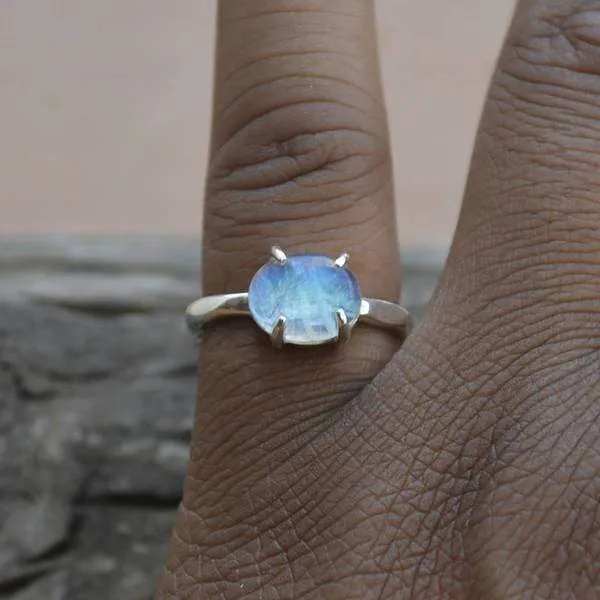 Blue Fire Rainbow Moonstone Gemstone Ring 925 Sterling Silver Ring, Prong Set Ring, Nickel Free