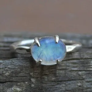 Blue Fire Rainbow Moonstone Gemstone Ring 925 Sterling Silver Ring, Prong Set Ring, Nickel Free