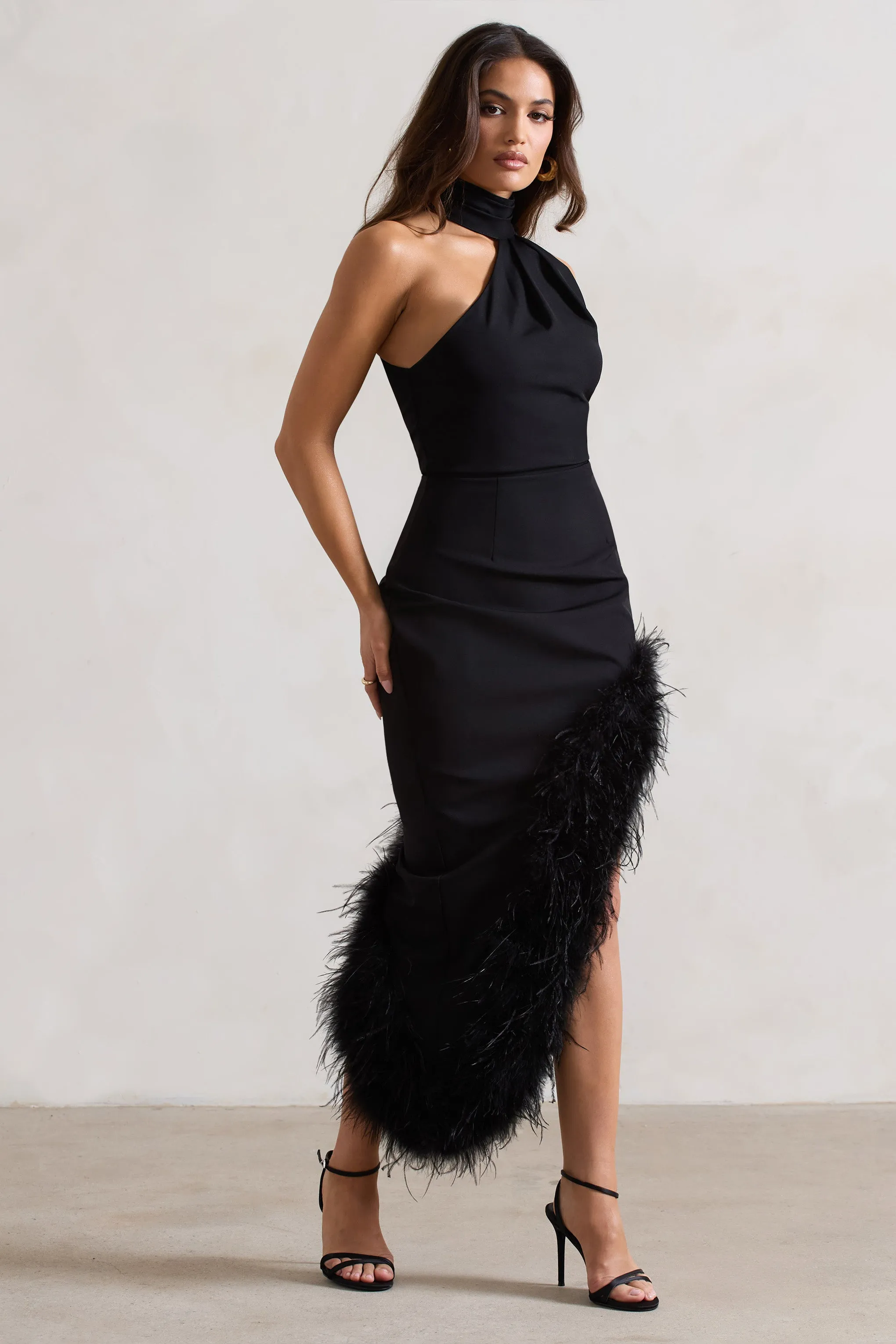 Brilliance | Black Asymmetric Maxi Dress With Feather Trim