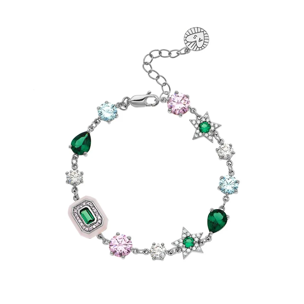 Celeste Cluster Bracelet Blush Pink Enamel, Ice Blue, Emerald Green CZ and Silver