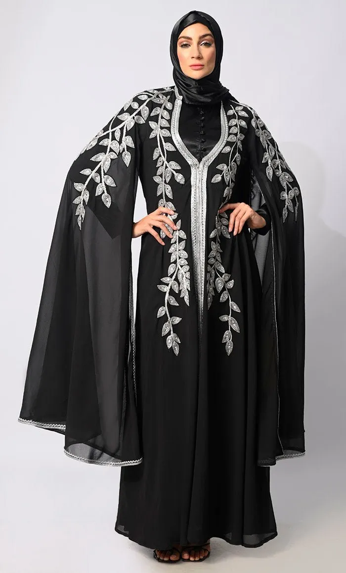 Crafted Couture: Discover Opulent Handwork Black Abaya with Batwing Sleeves - Final Sale