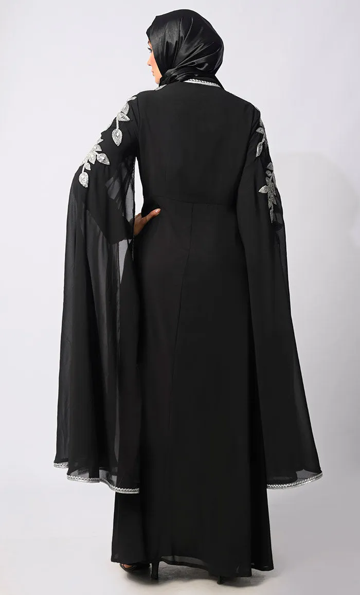 Crafted Couture: Discover Opulent Handwork Black Abaya with Batwing Sleeves - Final Sale