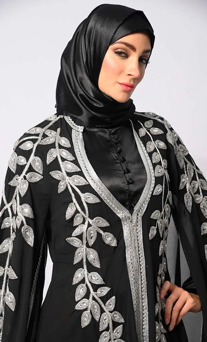 Crafted Couture: Discover Opulent Handwork Black Abaya with Batwing Sleeves - Final Sale