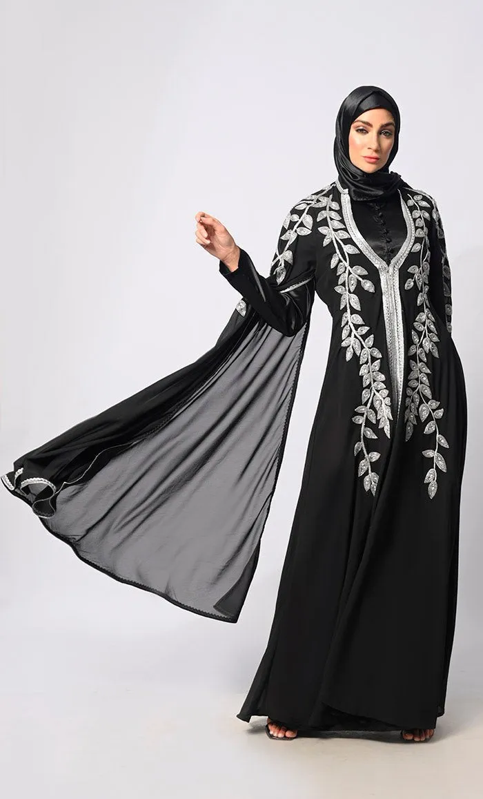 Crafted Couture: Discover Opulent Handwork Black Abaya with Batwing Sleeves