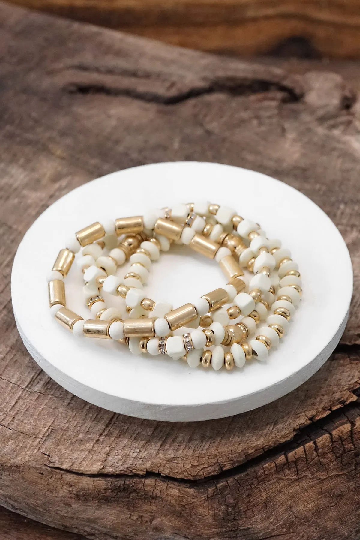 Cream and Gold tone Bracelet stack Wood beads Multi shape