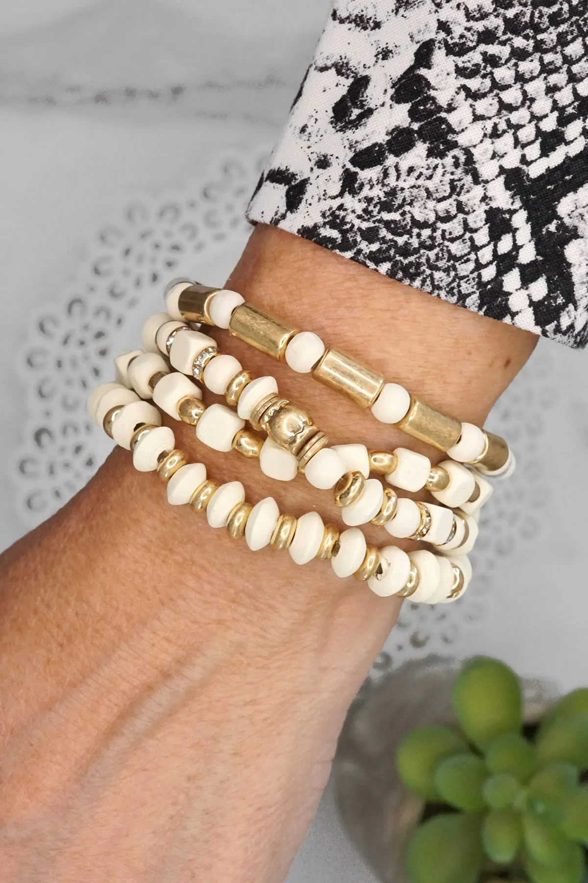 Cream and Gold tone Bracelet stack Wood beads Multi shape