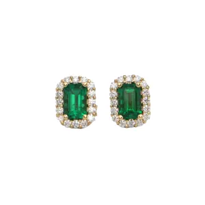 Custom Emerald and Diamond Halo 18k Yellow Gold Earrings by Daisy Exclusive