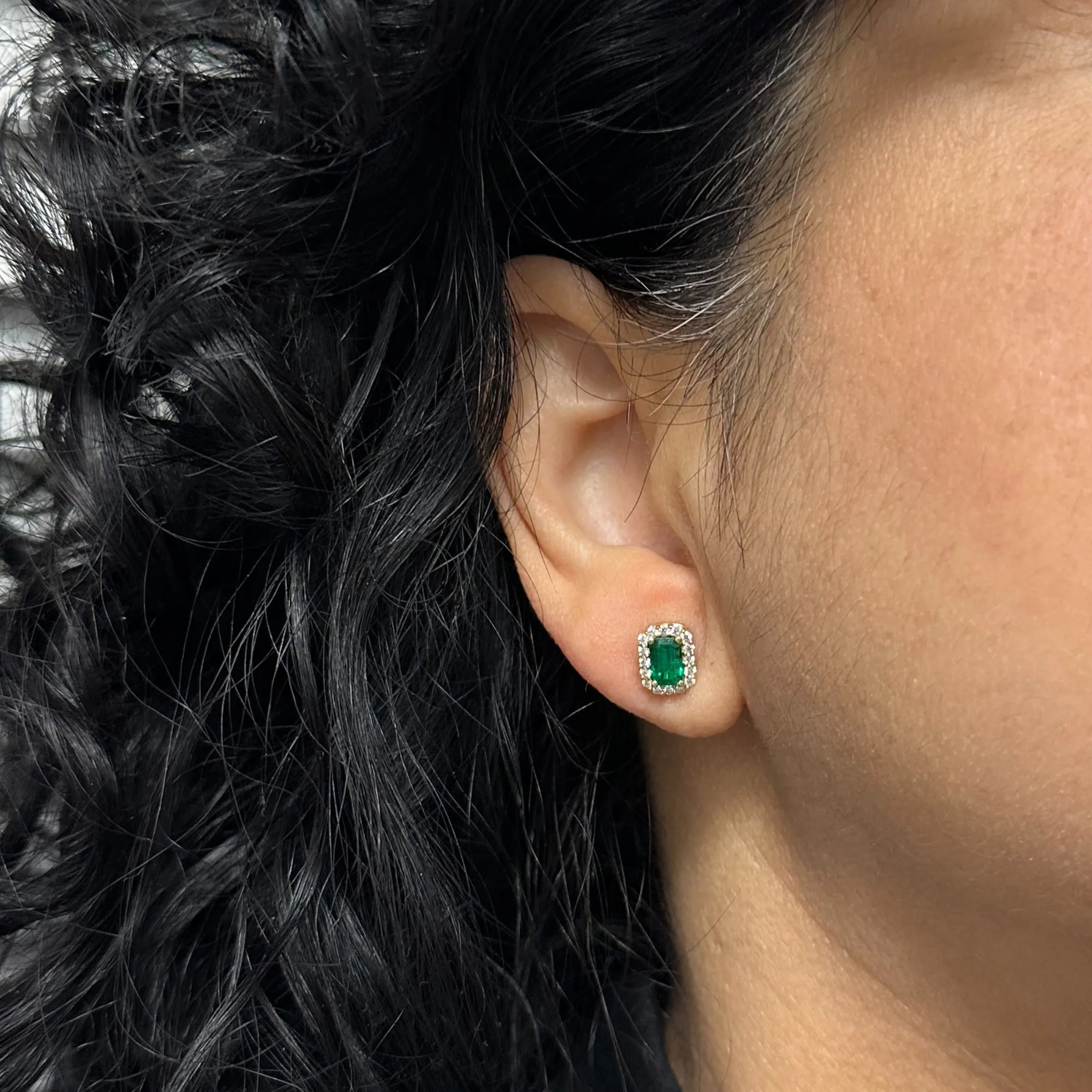 Custom Emerald and Diamond Halo 18k Yellow Gold Earrings by Daisy Exclusive