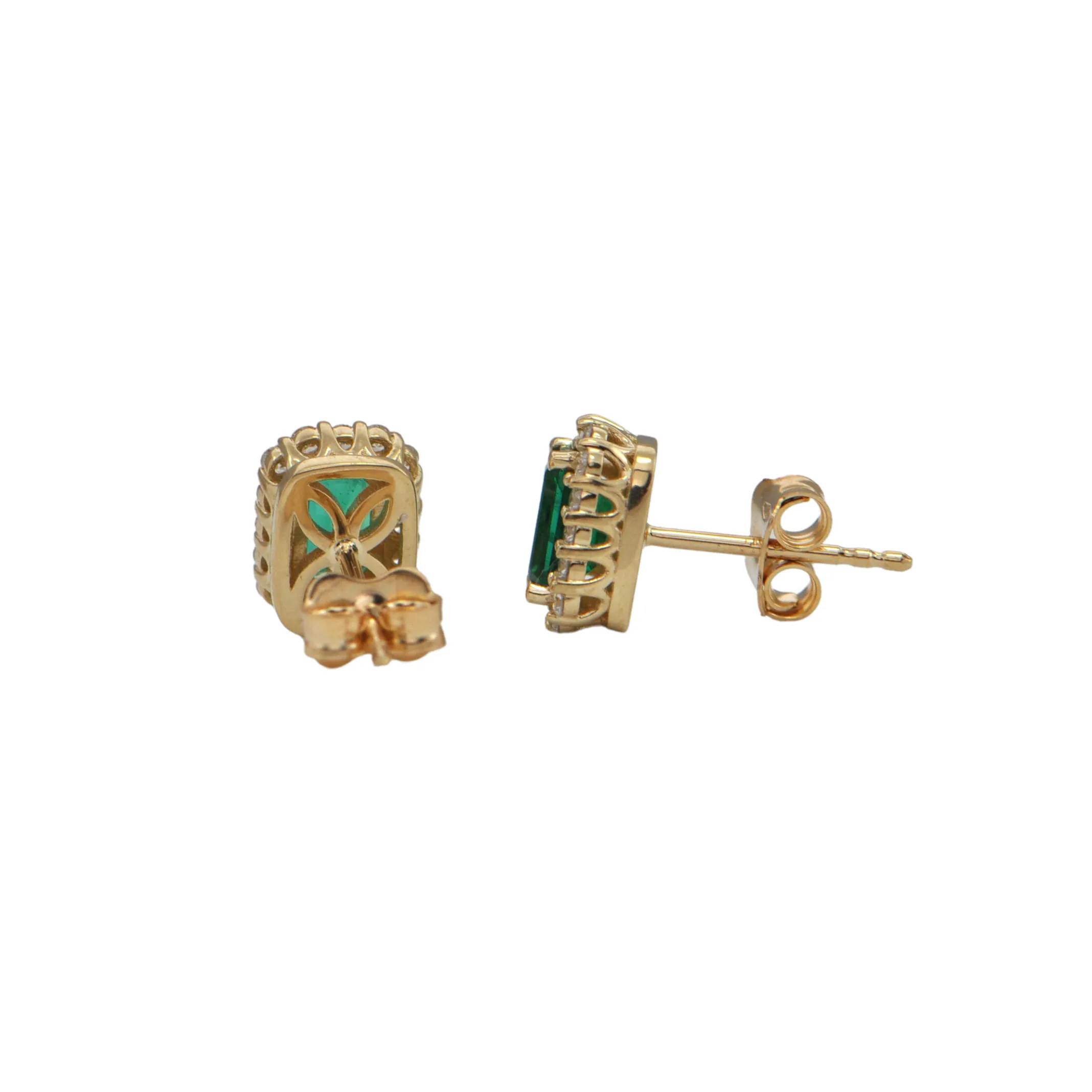 Custom Emerald and Diamond Halo 18k Yellow Gold Earrings by Daisy Exclusive