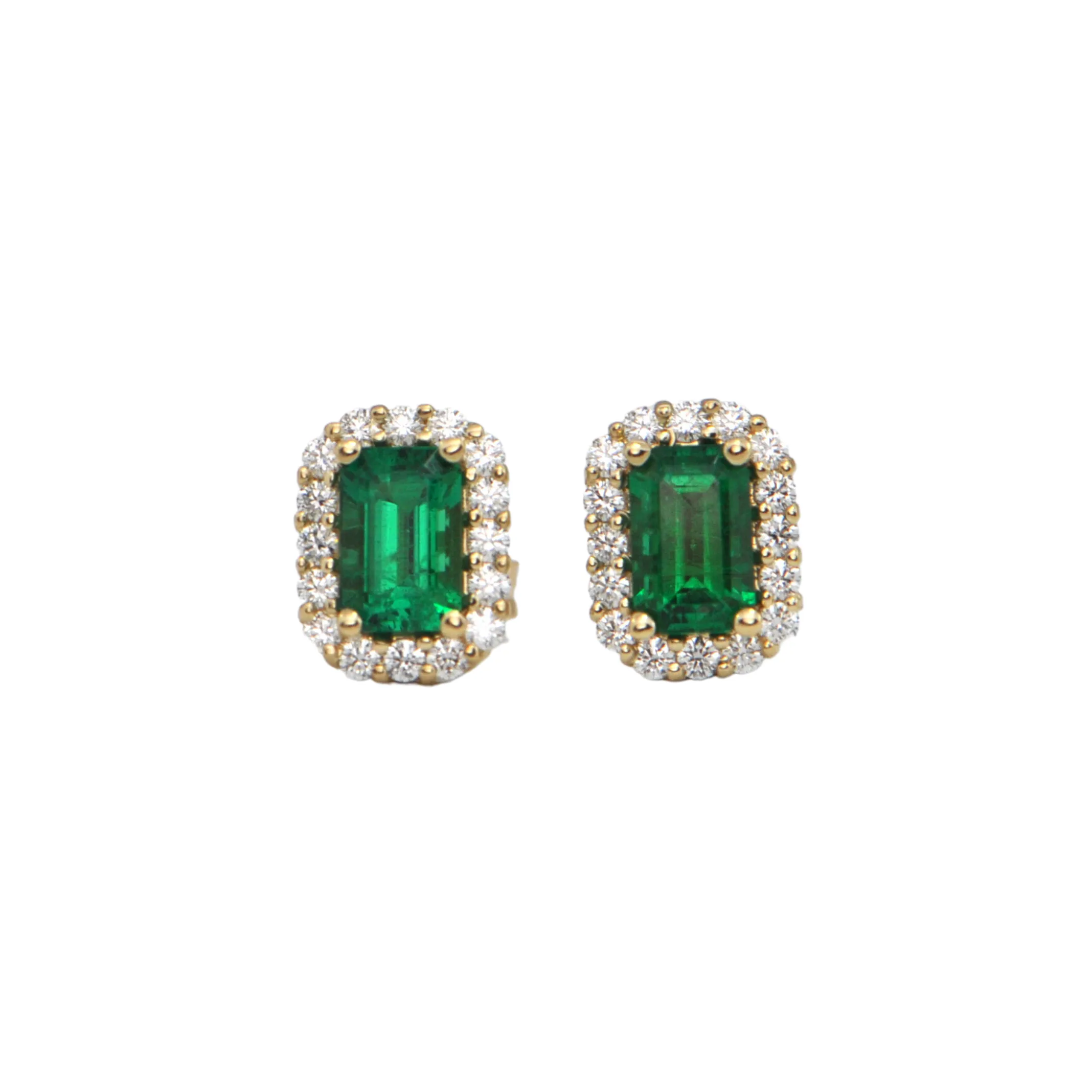 Custom Emerald and Diamond Halo 18k Yellow Gold Earrings by Daisy Exclusive