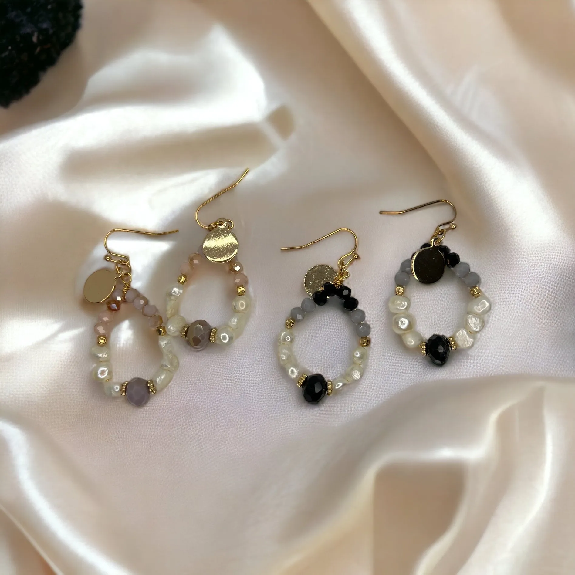 Delicate Beaded Earrings - Delicate Earrings, Gold Earrings, Bead Earrings, Blue Stones, Black Stones, Topaz Earrings