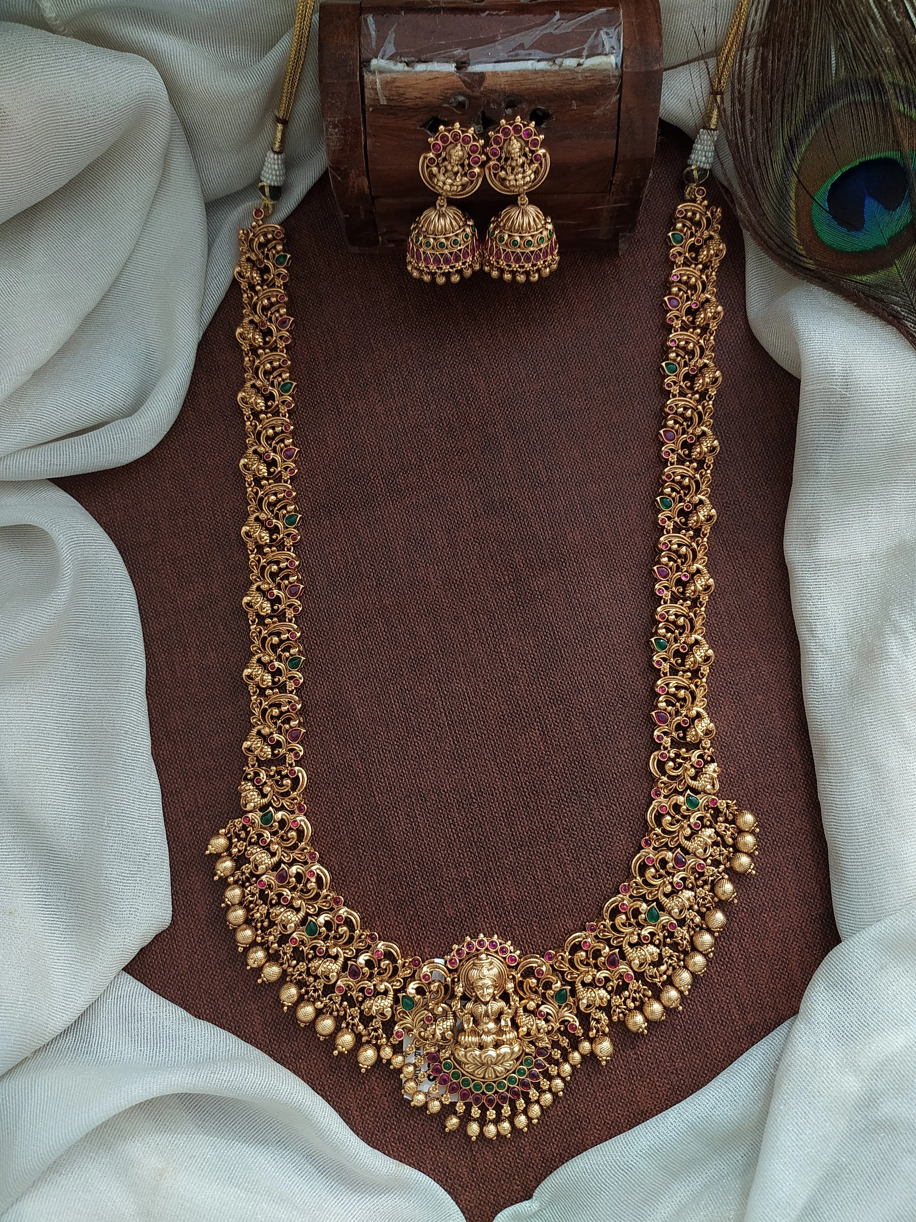 Divine Radiance Copper-Antique Nagas Work Long Haram Set