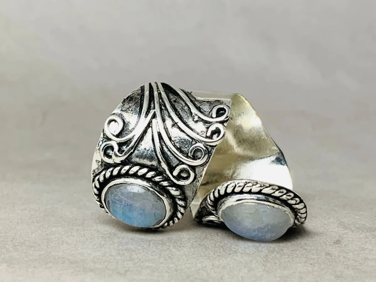 Double Moonstone Ring, 925 Sterling Silver Ring, Handmade Ring, Blue Flash Ring, Statement Ring, Bohemian Ring, Woman Ring, Everyday Ring