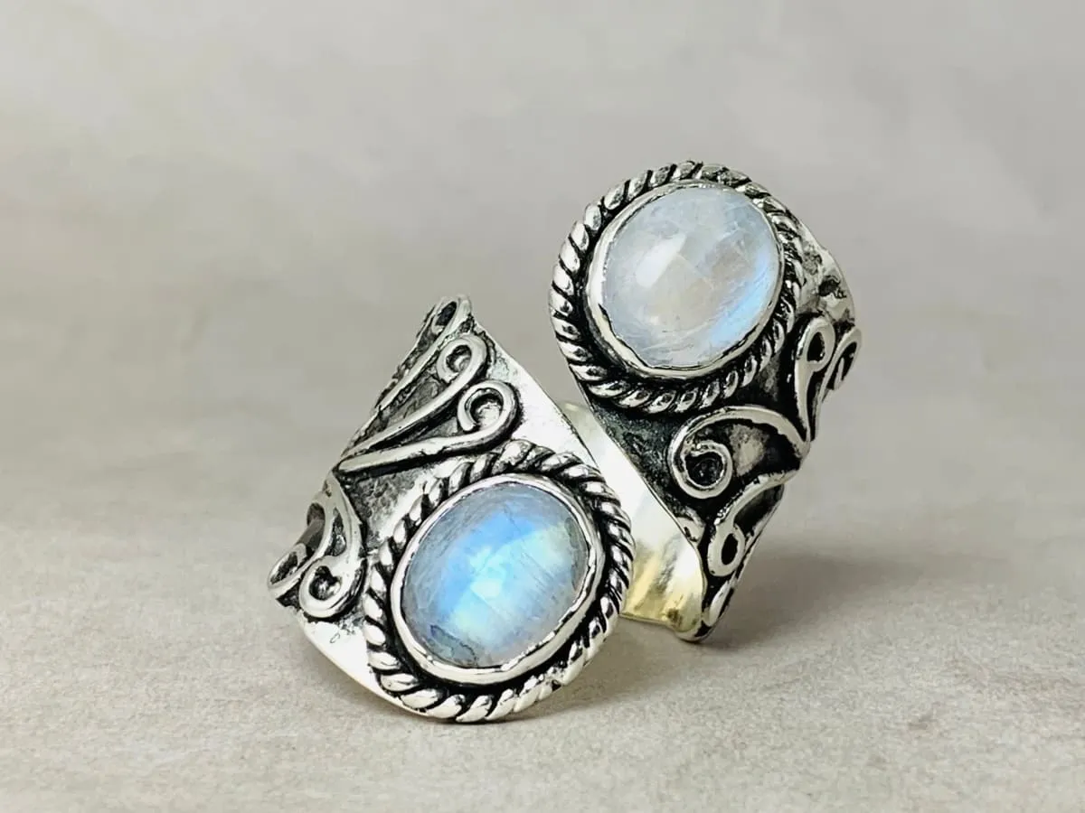 Double Moonstone Ring, 925 Sterling Silver Ring, Handmade Ring, Blue Flash Ring, Statement Ring, Bohemian Ring, Woman Ring, Everyday Ring