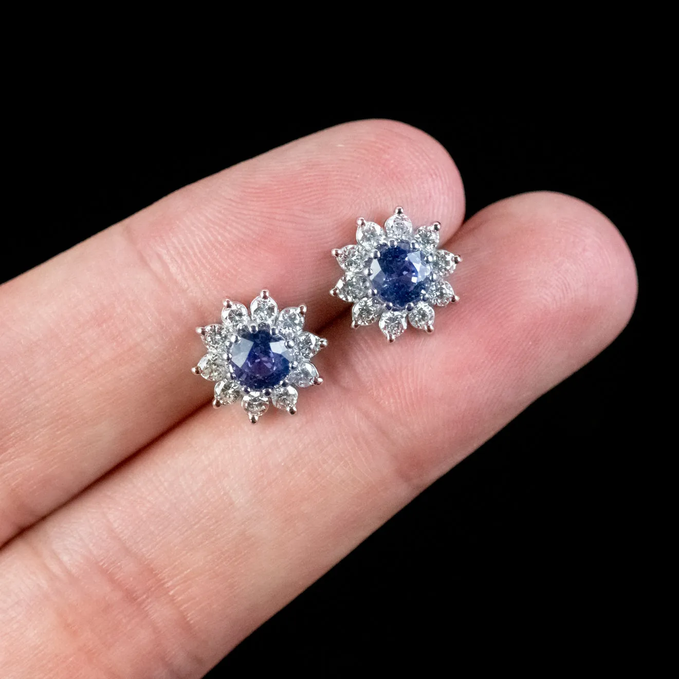 Edwardian Style Ceylon Sapphire Diamond Flower Stud Earrings Platinum 0.80ct Sapphires 1.20ct Of Diamond