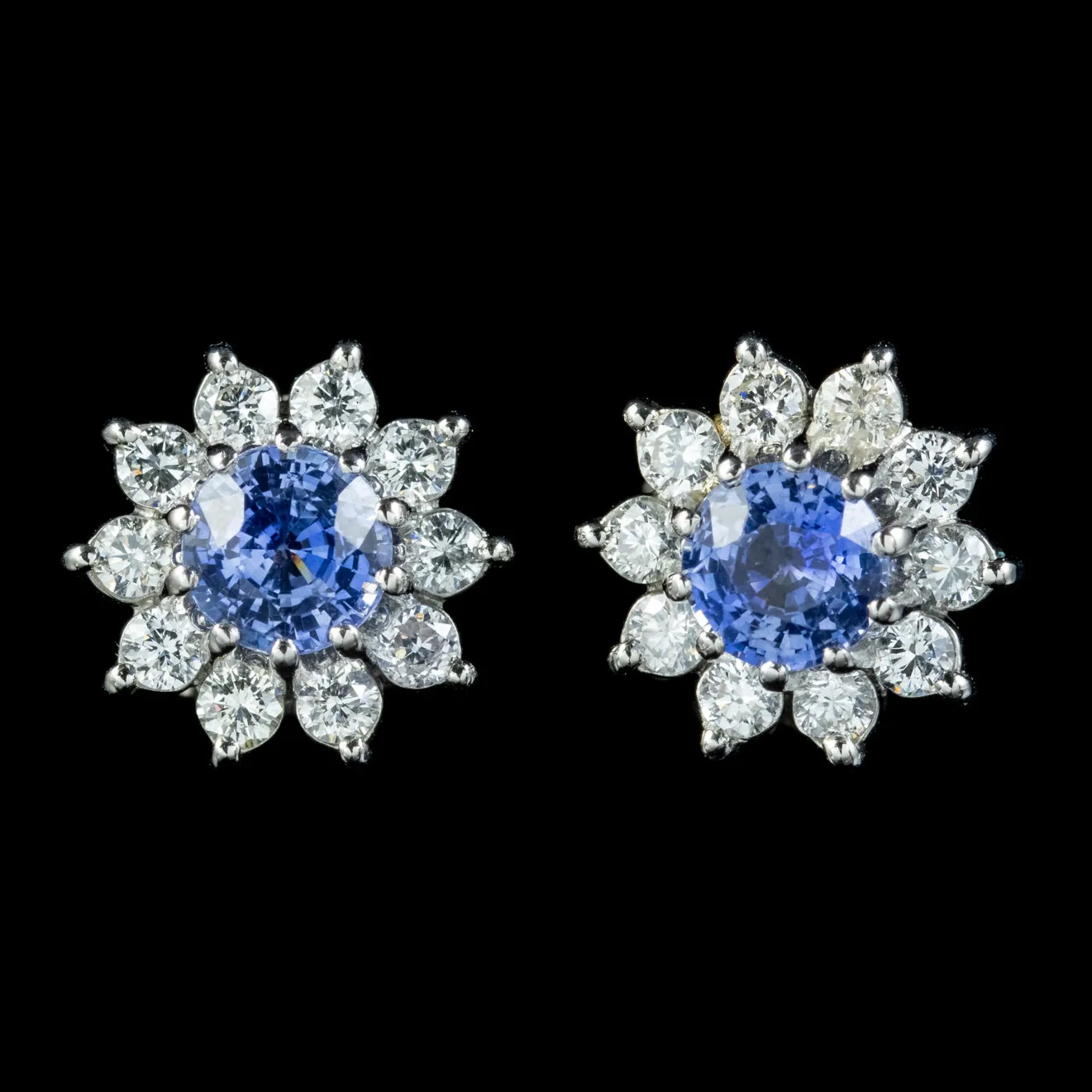 Edwardian Style Ceylon Sapphire Diamond Flower Stud Earrings Platinum 0.80ct Sapphires 1.20ct Of Diamond