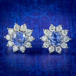 Edwardian Style Ceylon Sapphire Diamond Flower Stud Earrings Platinum 0.80ct Sapphires 1.20ct Of Diamond