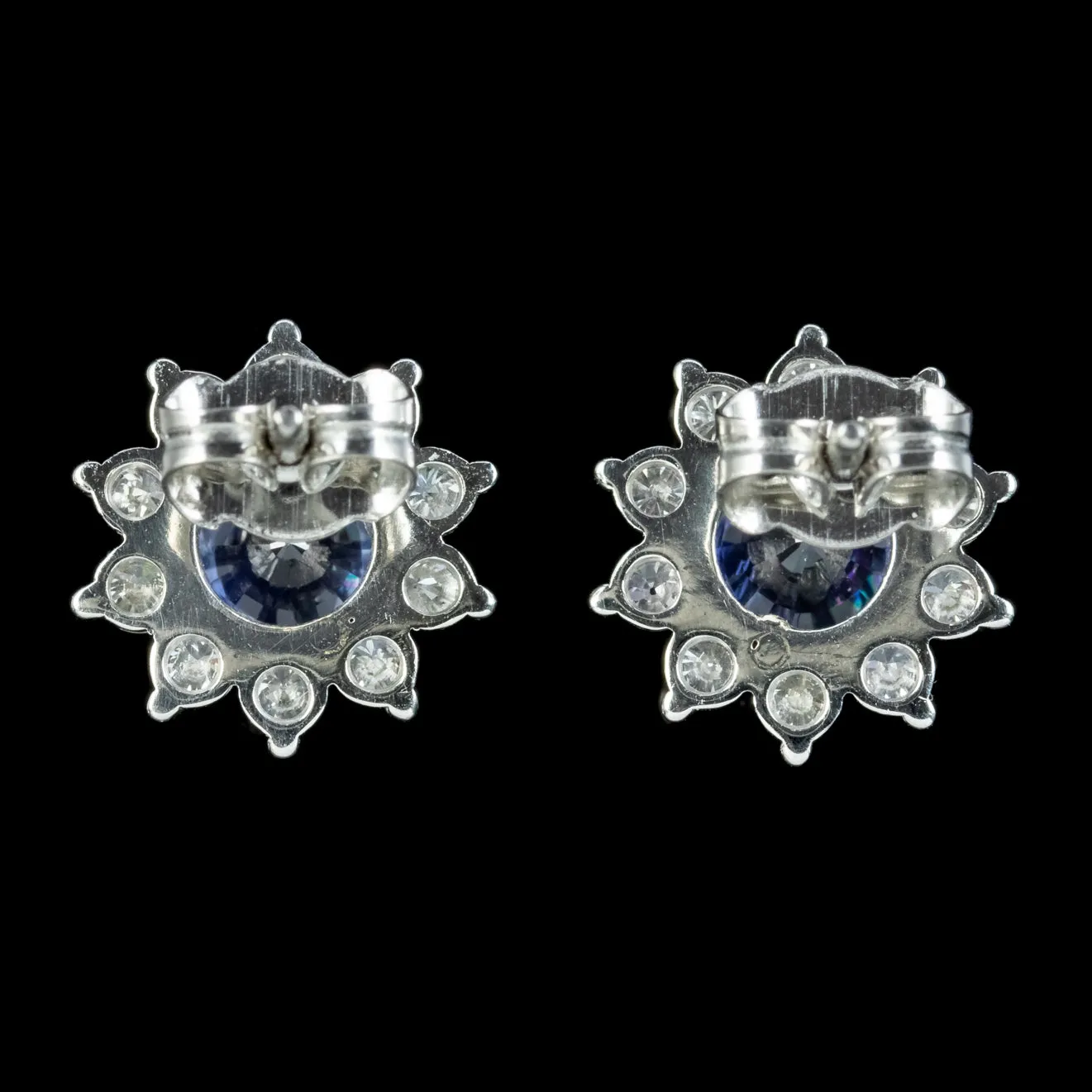 Edwardian Style Ceylon Sapphire Diamond Flower Stud Earrings Platinum 0.80ct Sapphires 1.20ct Of Diamond