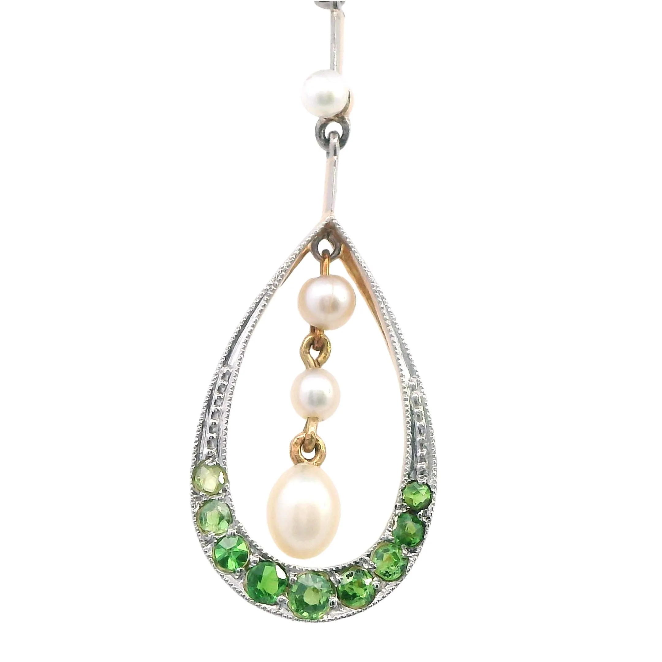 Elegant 9ct Yellow Gold Pearl and Demantoid Garnet Drop Earrings