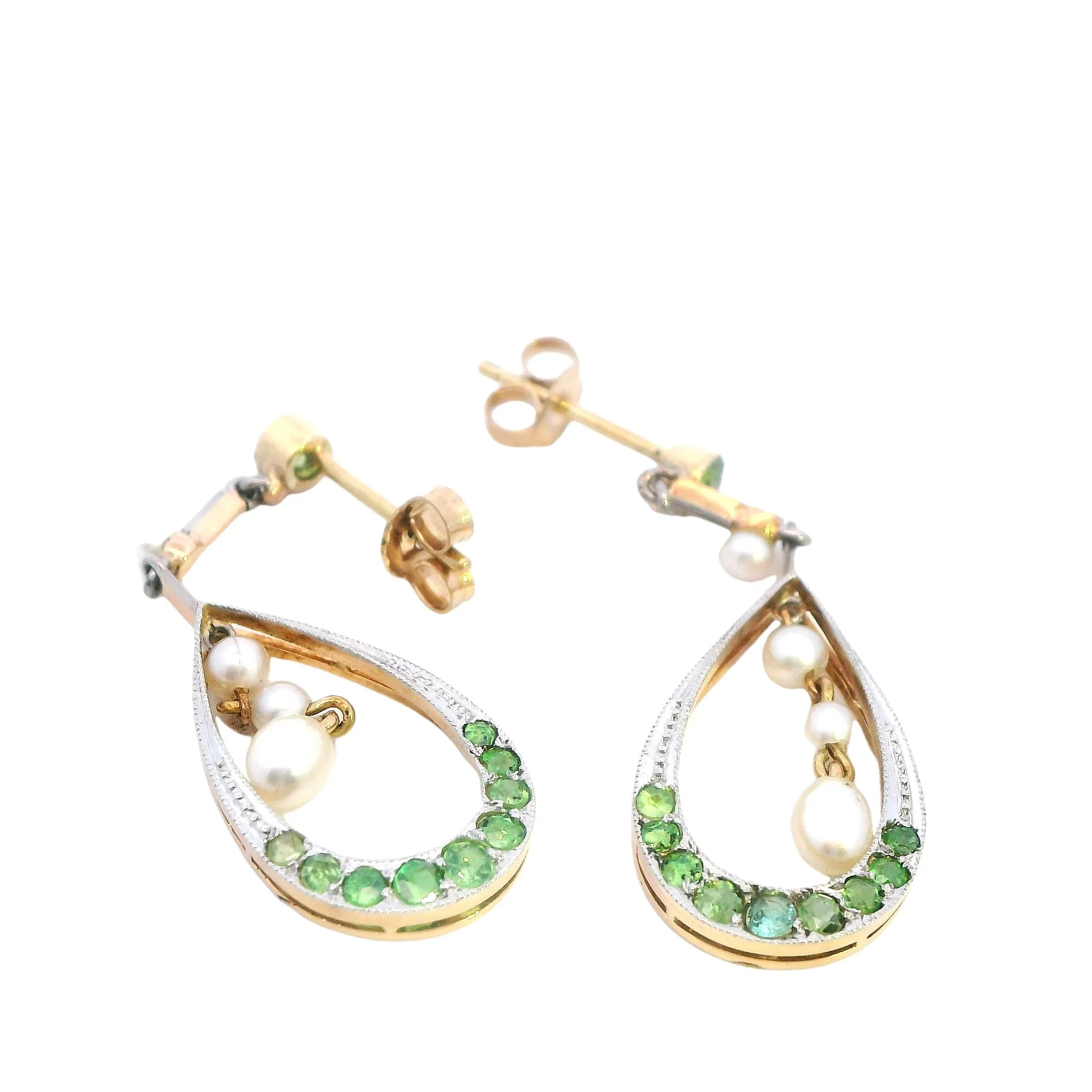 Elegant 9ct Yellow Gold Pearl and Demantoid Garnet Drop Earrings