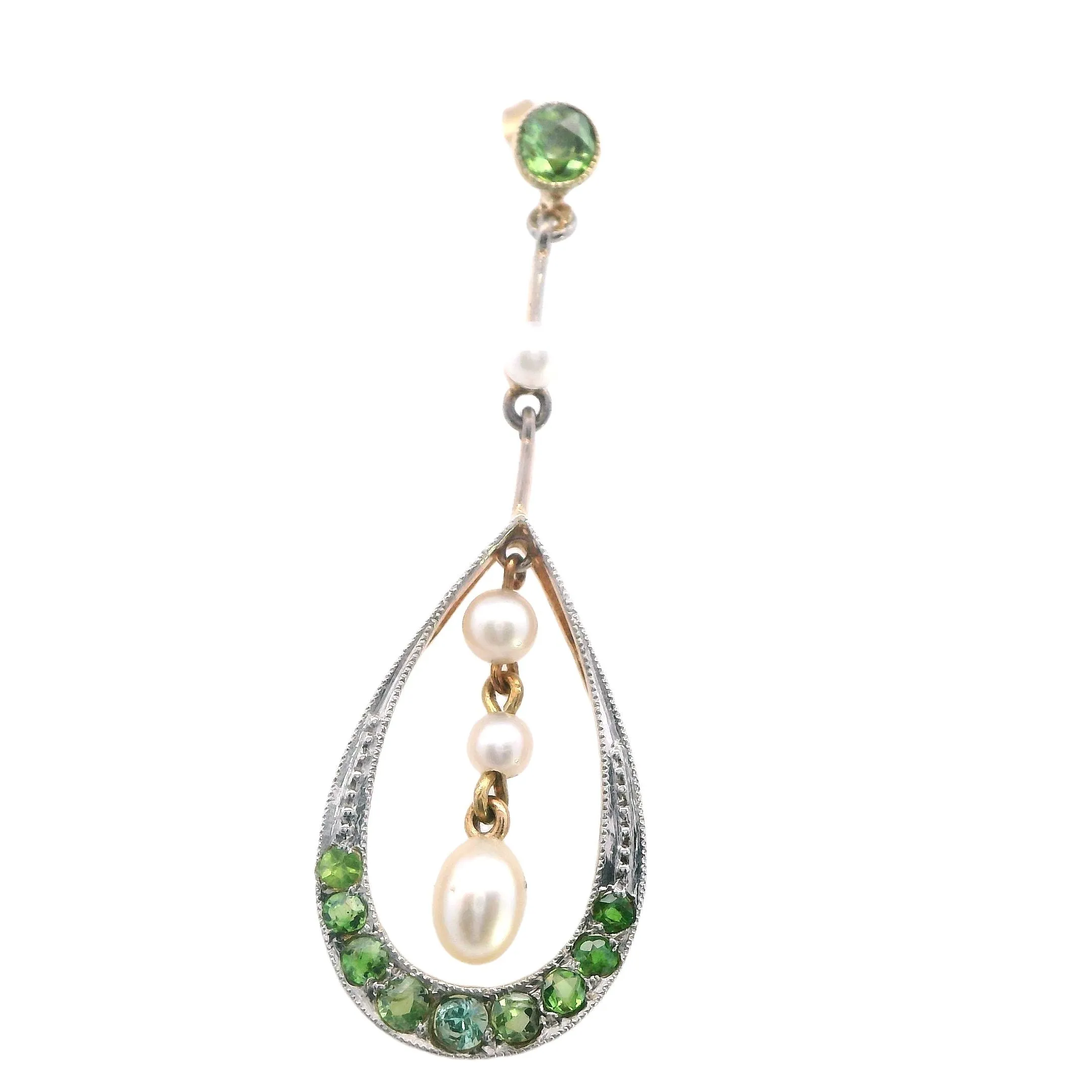 Elegant 9ct Yellow Gold Pearl and Demantoid Garnet Drop Earrings