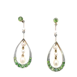 Elegant 9ct Yellow Gold Pearl and Demantoid Garnet Drop Earrings