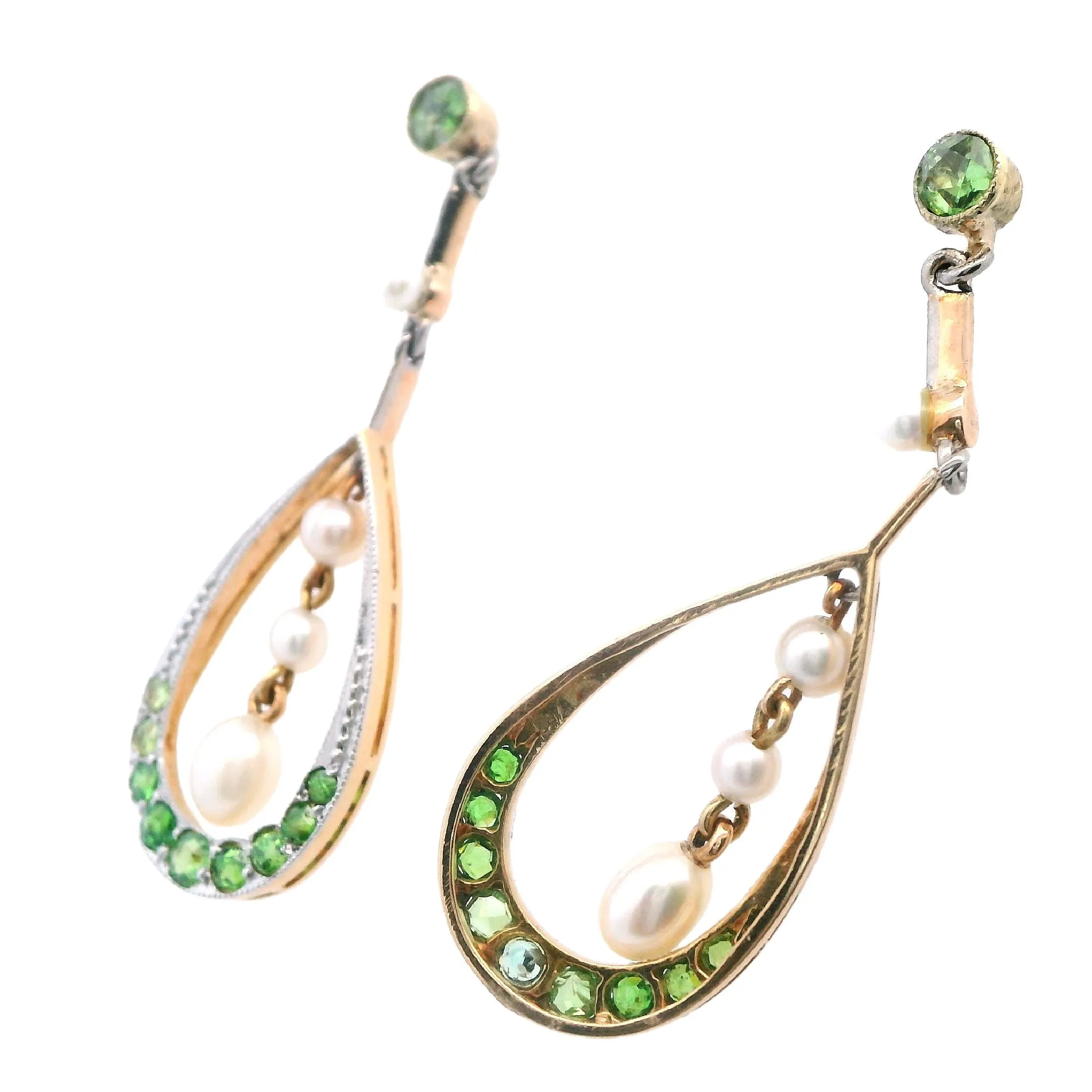 Elegant 9ct Yellow Gold Pearl and Demantoid Garnet Drop Earrings