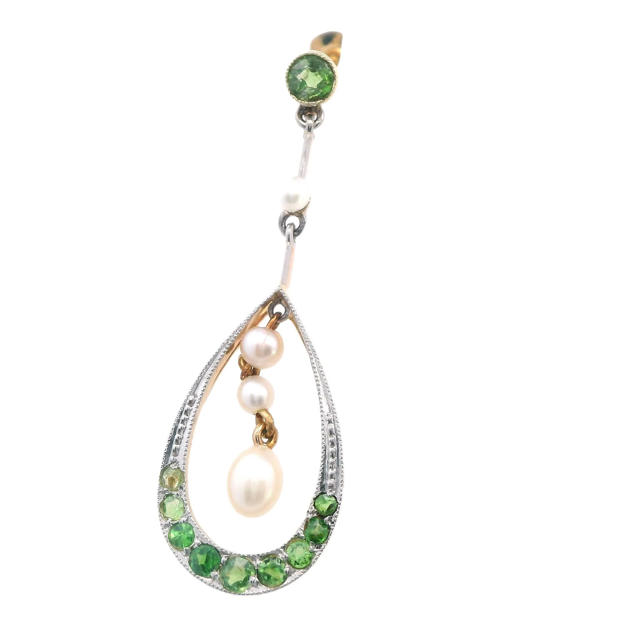 Elegant 9ct Yellow Gold Pearl and Demantoid Garnet Drop Earrings