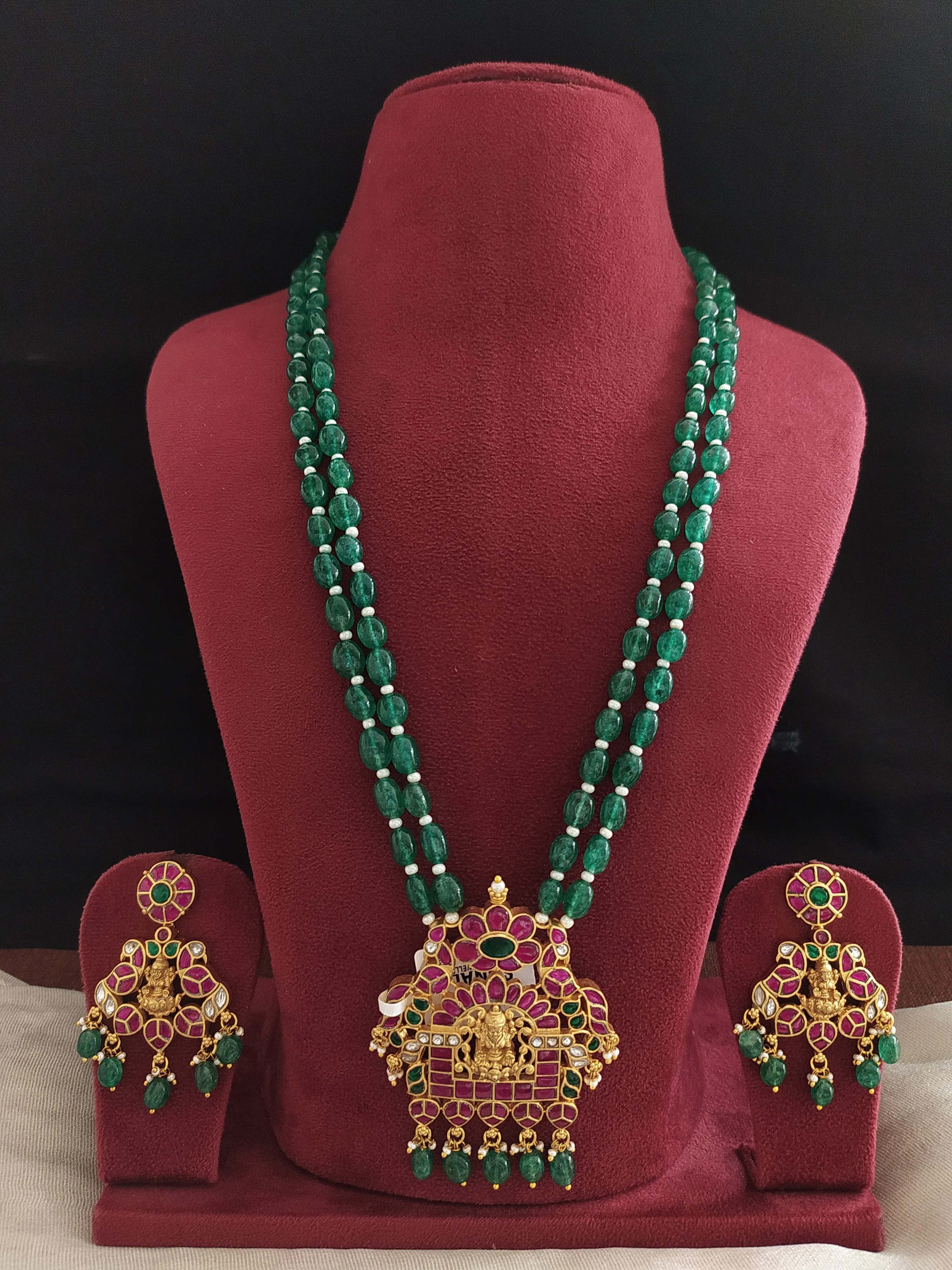 Emerald Beaded Kundan Mala Set with Lakshmi Pendant