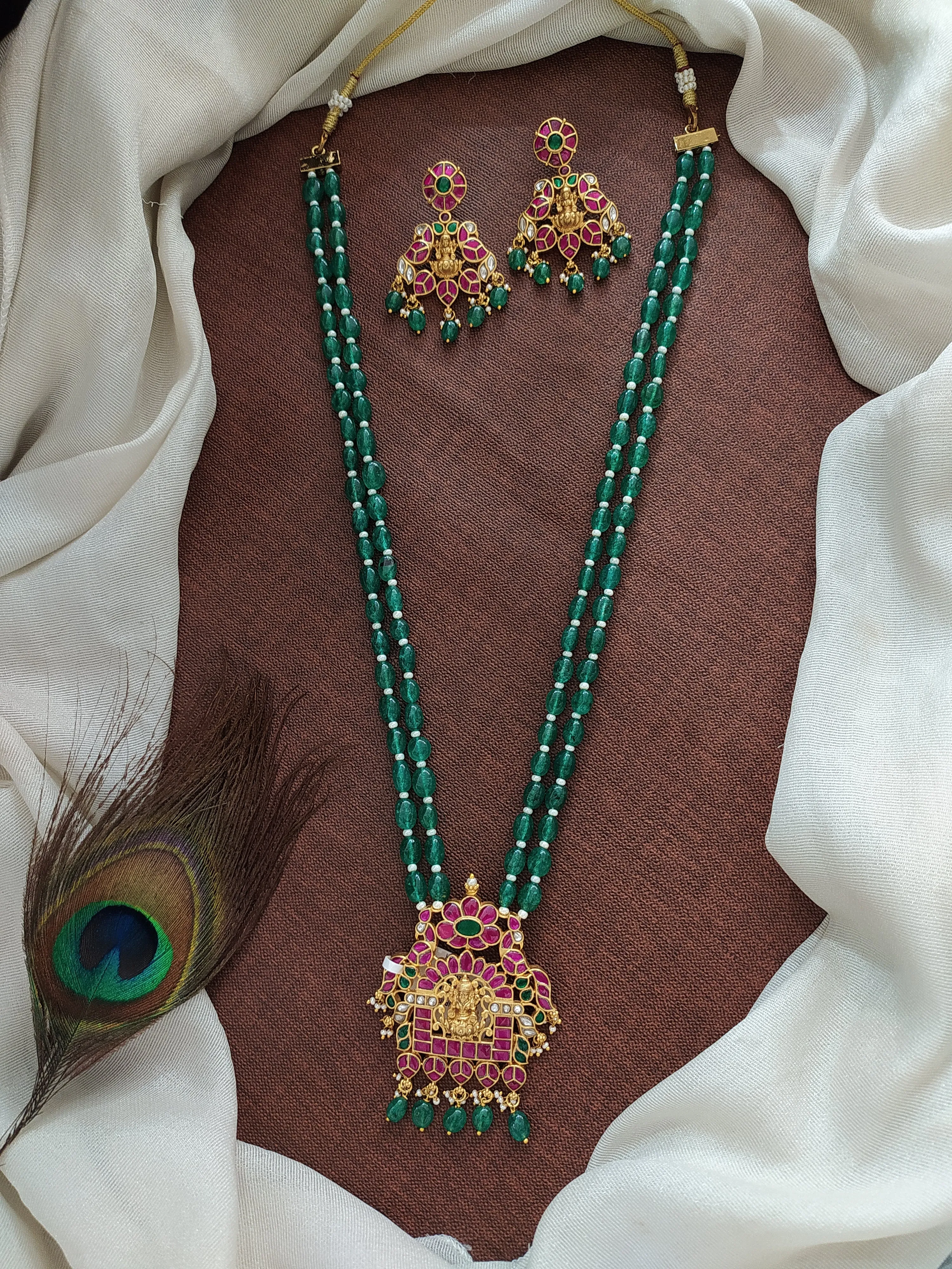 Emerald Beaded Kundan Mala Set with Lakshmi Pendant