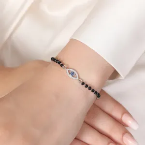 Evil Eye CZ & Black Beads Rhodium Plated 925 Sterling Silver Bracelet