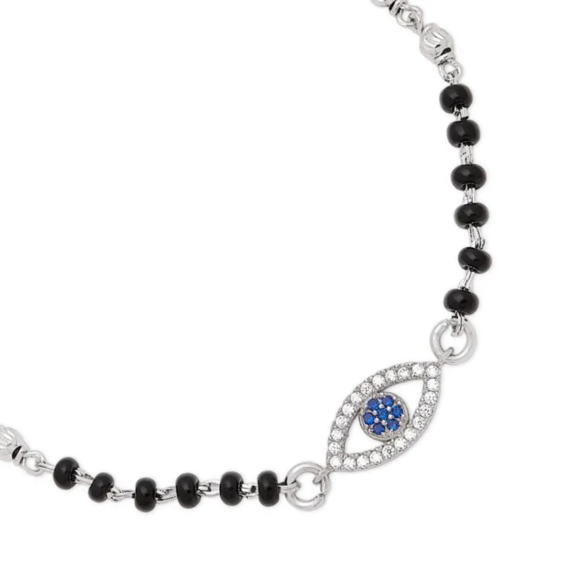 Evil Eye CZ & Black Beads Rhodium Plated 925 Sterling Silver Bracelet