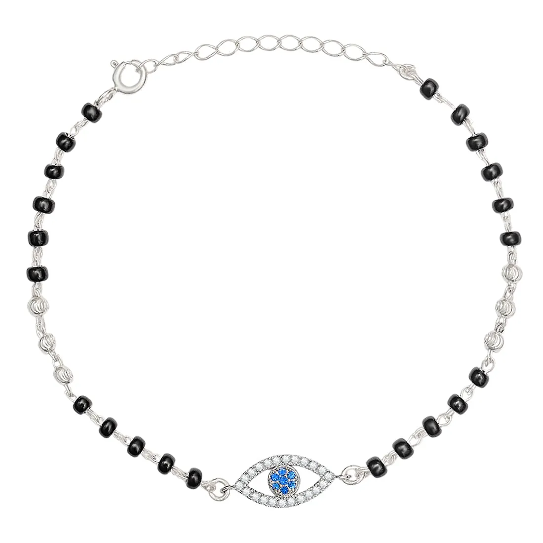 Evil Eye CZ & Black Beads Rhodium Plated 925 Sterling Silver Bracelet