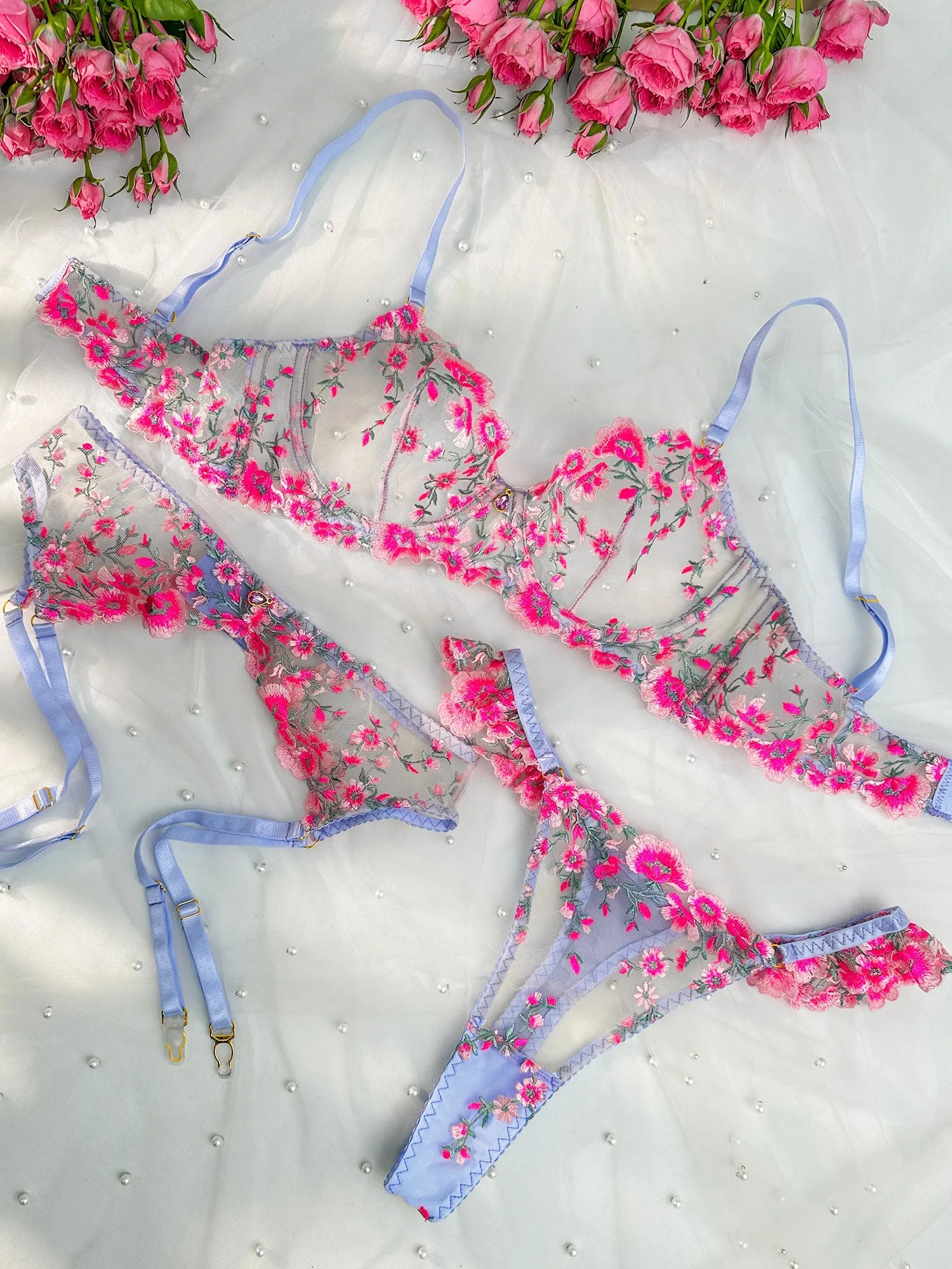 Fantasy Pink Bloom Embroidery Lingerie Set