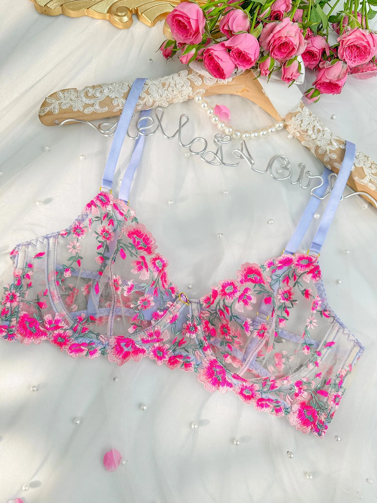 Fantasy Pink Bloom Embroidery Lingerie Set