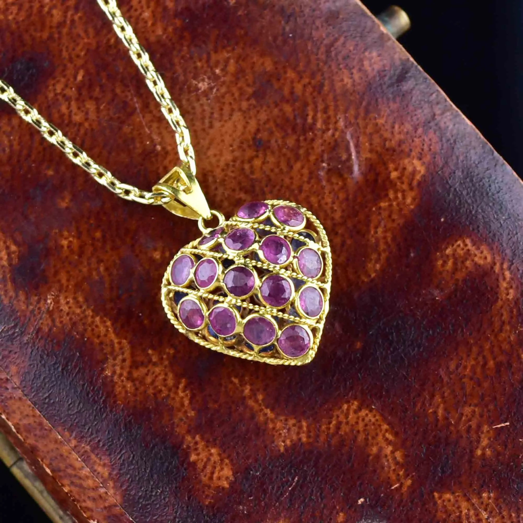 Filigree 18K Gold Ruby Blue Sapphire Heart Pendant Necklace