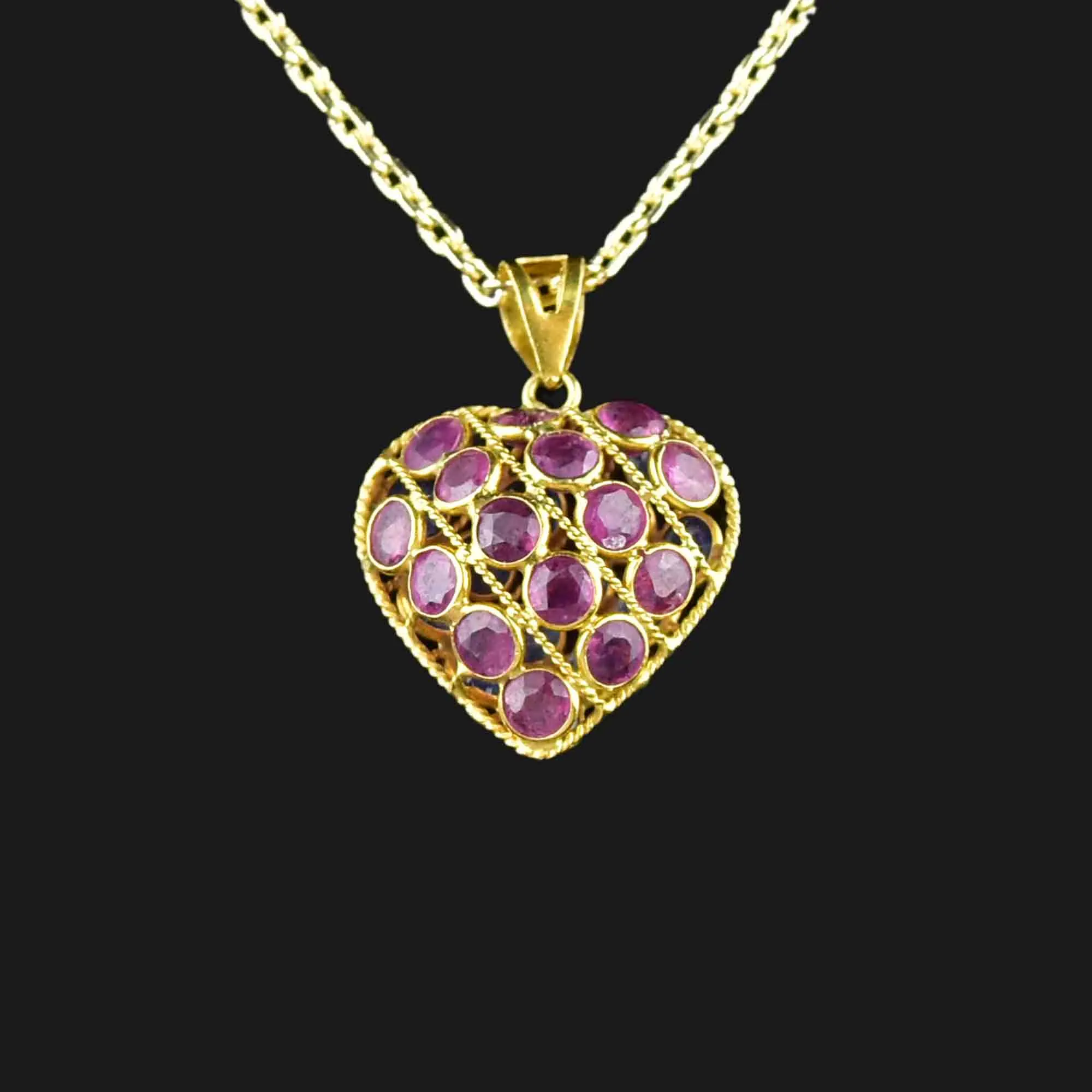 Filigree 18K Gold Ruby Blue Sapphire Heart Pendant Necklace