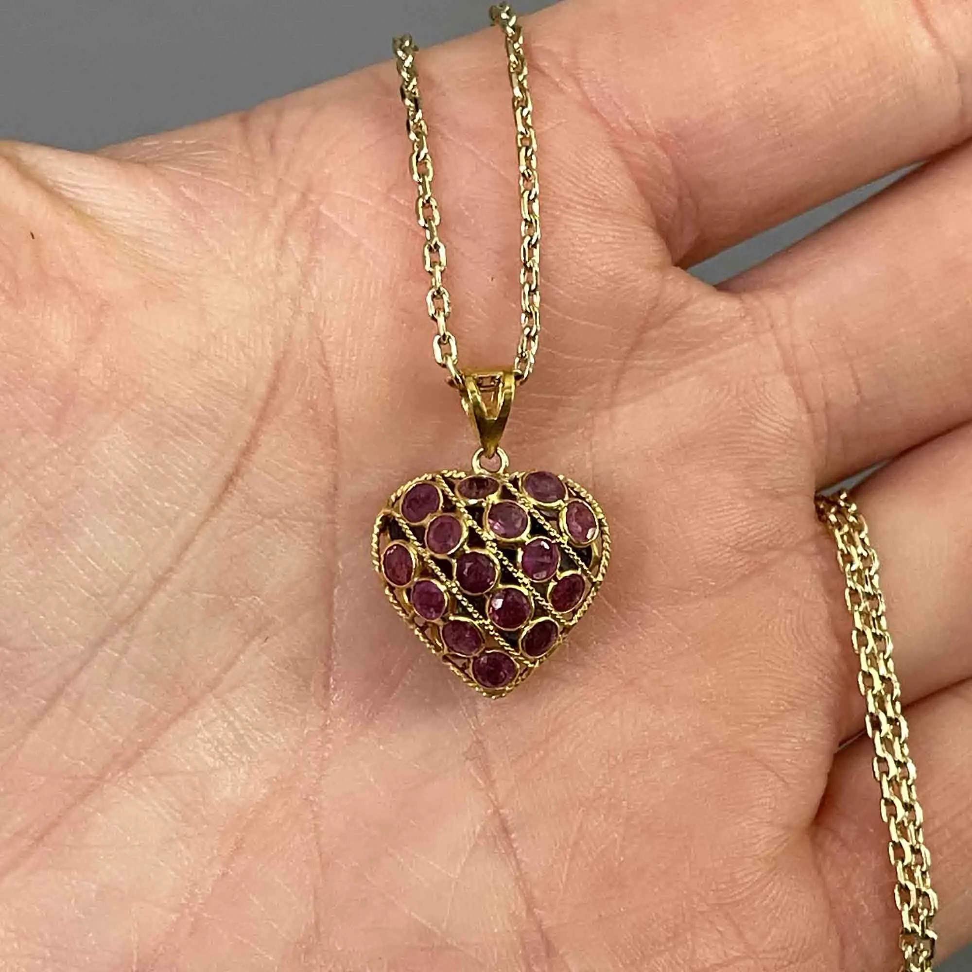 Filigree 18K Gold Ruby Blue Sapphire Heart Pendant Necklace