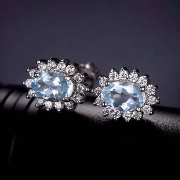 French Blue Halo 1CTW Genuine Topaz IOBI Precious Gems 925 Sterling Silver Earrings