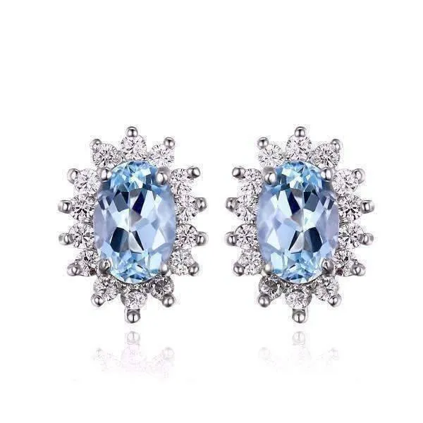 French Blue Halo 1CTW Genuine Topaz IOBI Precious Gems 925 Sterling Silver Earrings