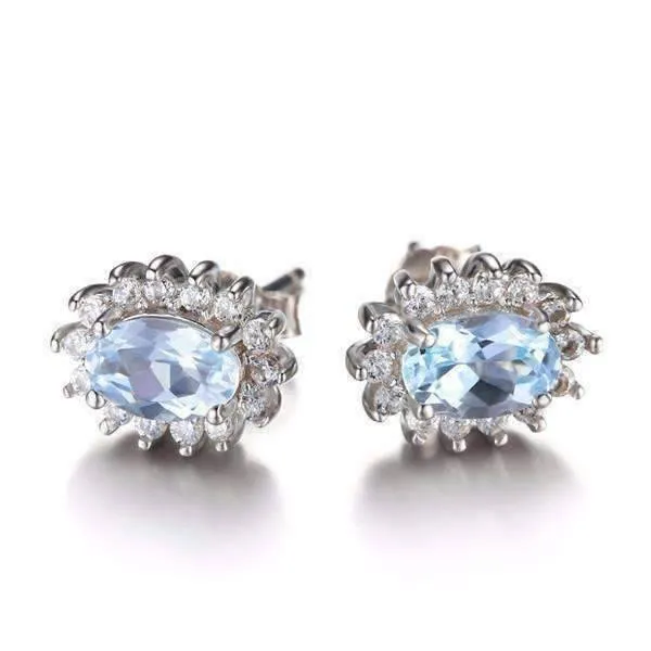 French Blue Halo 1CTW Genuine Topaz IOBI Precious Gems 925 Sterling Silver Earrings