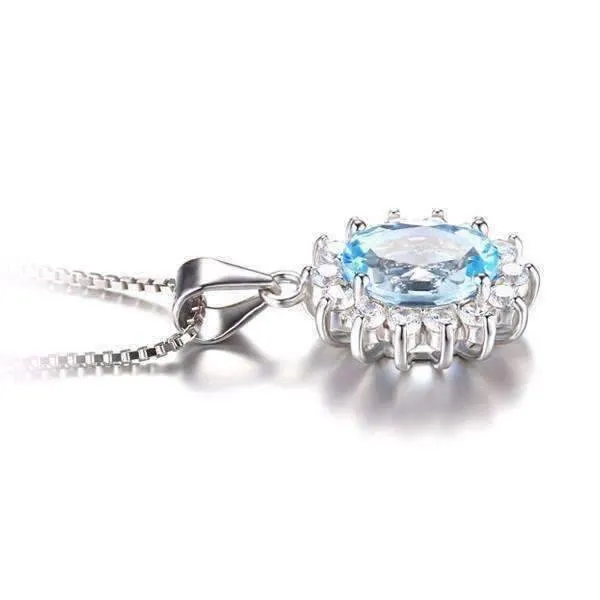 French Blue Halo 2.5CT Genuine Topaz IOBI Precious Gems 925 Sterling Silver Pendant